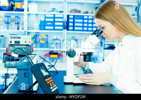 Technician using microscope to examine microelectronics. Stock Photo