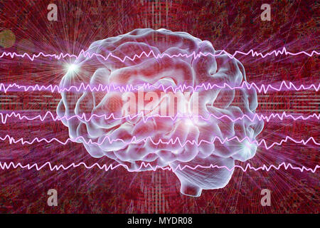 Brain and active brain waves, computer illustration. An electroencephalogram (EEG) measures electrical activity in the brain using electrodes attached to the scalp. Various disorders can be diagnosed by analysing EEG results. Stock Photo