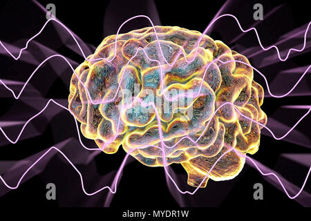 Brain and brain waves during deep sleep, computer illustration. An electroencephalogram (EEG) measures electrical activity in the brain using electrodes attached to the scalp. Various disorders can be diagnosed by analysing EEG results. Stock Photo