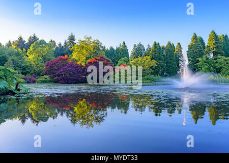 Pond with fountain, VanDusen Botanical Garden, Vancouver, British Columbia, Canada.