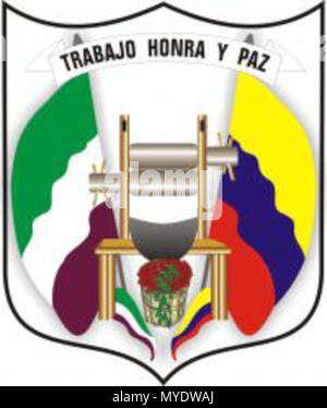 . Español: En el centro tiene Trapiche que representa la laboriosidad agrícola parte de la economía del municipio en la caña de azucar y un catabre (valde) lleno de granos de café, que representa otra de las fuentes de la economía de Convención, a la derecha la bandera de Colombia y a la izquierda la de la municipalidad convencionista y unido a ellas el lema que identifica a todos los convencionistas 'TRABAJO, HONRA Y PAZ' . Alcaldía del Municipio de Convención, Norte de Santander, Colombia 168 Escudo Municipio Convencion-Norte de Santander Stock Photo