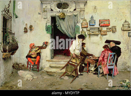 .  Español: “Figaro's Shop”, 1875 por Jose Jimenes Aranda. En la esquina izquierda se ve un caniche blanco con corte continental. . 1875 179 Figaro'sShop1875JoseJimenesAranda Stock Photo