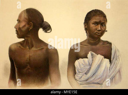 . English: From Dalton's 'Descriptive Ethnology of Bengal,' 1872; engravings with modern hand coloring: 'Bendkar: Male and Female'* 'Bhotia: Man and Woman'* 'Bhuiya: Male and Female'* 'Fakial and Miri'* 'Garos'* 'Ho: Girl and Woman'* 'Juang'* 'Kachari'* 'Kuki'* 'Lepcha: Man and Woman'* (shown above) 'Limbo'* 'Miri: Man and Woman'* 'Mug and Ho'* 'Mundas'* 'Munipuri: Married Woman and Young Girl'* 'Namsang Naga Muttuck'* 'Oraons'*  . 1872. Dalton 289 Kachari Stock Photo