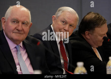 Washington, DC. 6th June, 2018. U.S. Attorney General Jeff Sessions (R) and Agriculture Secretary Sonny Perdue attend the 2018 Hurricane Briefing at the FEMA headquarters on June 6, 2018 in Washington, DC. Credit: Yuri Gripas/Pool via CNP | usage worldwide Credit: dpa/Alamy Live News