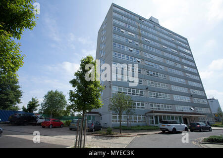 Thornaby on Tees, UK.7th June 2018.Housing Group,Thirteen, announce that five of their high rise buildings are to be demolished due to concerns over their long term safety.These include Anson House and Hudson House in Thornaby town centre. Credit: David Dixon/Alamy Live News Stock Photo