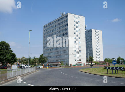 Thornaby on Tees, UK.7th June 2018.Housing Group,Thirteen, announce that five of their high rise buildings are to be demolished due to concerns over their long term safety.These include Anson House and Hudson House in Thornaby town centre. Credit: David Dixon/Alamy Live News Stock Photo