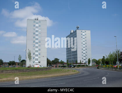 Thornaby on Tees, UK.7th June 2018.Housing Group,Thirteen, announce that five of their high rise buildings are to be demolished due to concerns over their long term safety.These include Anson House and Hudson House in Thornaby town centre. Credit: David Dixon/Alamy Live News Stock Photo