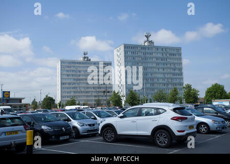 Thornaby on Tees, UK.7th June 2018.Housing Group,Thirteen, announce that five of their high rise buildings are to be demolished due to concerns over their long term safety.These include Anson House and Hudson House in Thornaby town centre. Credit: David Dixon/Alamy Live News Stock Photo