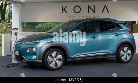 Torino, Italy. 7th June 2018. A Hyundai Kona electric car. 2018 edition of Parco Valentino car show hosts cars by many automobile manufacturers and car designers inside Valentino Park in Torino, Italy Credit: Marco Destefanis/Alamy Live News Stock Photo