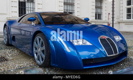 Torino, Italy. 7th June 2018. Concept car Bugatti 18/3 Chiron designed by Fabrizio Giugiaro in 1999 for Italdesign. Fourth edition of Parco Valentino car show hosts cars by many automobile manufacturers and car designers inside Valentino Park in Torino, Italy Credit: Marco Destefanis/Alamy Live News Stock Photo