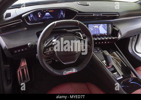 Torino, Italy. 7th June 2018. Dashboard and steering wheel of Peugeot 508. 2018 edition of Parco Valentino car show hosts cars by many automobile manufacturers and car designers inside Valentino Park in Torino, Italy Credit: Marco Destefanis/Alamy Live News Stock Photo