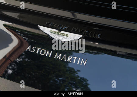 Torino, Italy. 7th June 2018. Aston Martin logo. 2018 edition of Parco Valentino car show hosts cars by many automobile manufacturers and car designers inside Valentino Park in Torino, Italy Credit: Marco Destefanis/Alamy Live News Stock Photo