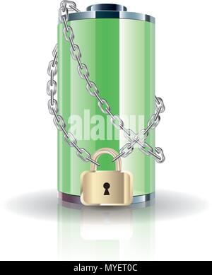 Battery icon collection, Battery locked by chain. Stock Vector