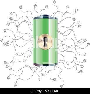 Secure encryption design.Many power plugs on the battery. Stock Vector