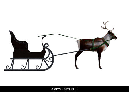 Reindeer pulling a sleigh isolated on white, 3d render. Stock Photo