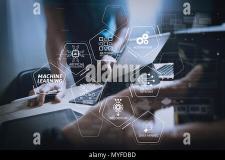 Machine learning technology diagram with artificial intelligence (AI),neural network,automation,data mining in VR screen. Stock Photo