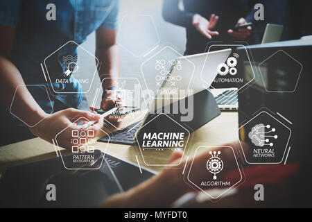 Machine learning technology diagram with artificial intelligence (AI),neural network,automation,data mining in VR screen.StartUp Programming Team. Web Stock Photo