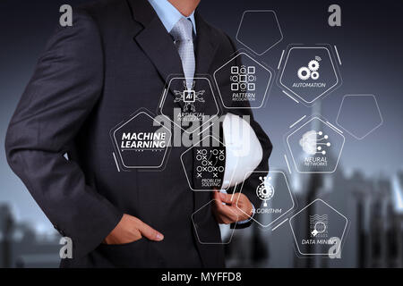 Machine learning technology diagram with artificial intelligence (AI),neural network,automation,data mining in VR screen.smart engineer and success in Stock Photo