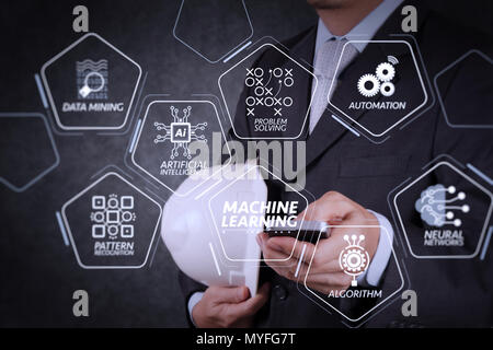 Machine learning technology diagram with artificial intelligence (AI),neural network,automation,data mining in VR screen.businessman hand use smart ph Stock Photo
