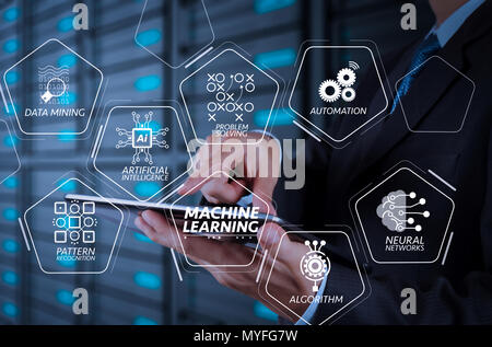 Machine learning technology diagram with artificial intelligence (AI),neural network,automation,data mining in VR screen.businessman hand using tablet Stock Photo