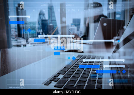 Project manager working and update tasks with milestones progress planning and Gantt chart scheduling diagram.designer hand working and smart phone an Stock Photo