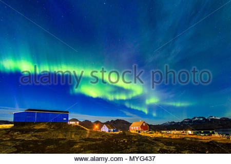 Northern Lights over the Inuit Village of Tasiilaq. Stock Photo