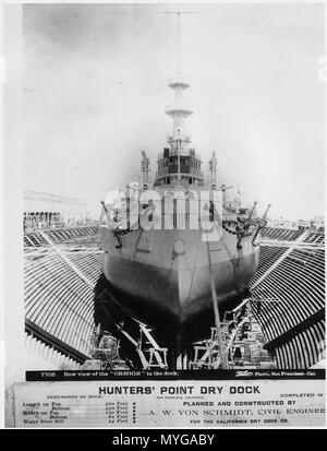 Bow view of the 'Oregon' USS Oregon (BB-3) in the dock.(Hunters' Point Dry Dock San Francisco, CA) - Stock Photo