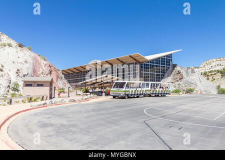 Shuttle parked in front of the Dinosaur Quarry Visitor Center at Dinosaur National Monument, Utah. Stock Photo