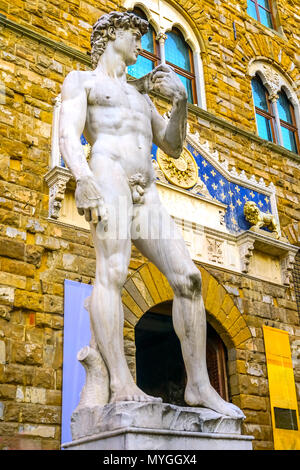 Michelangelo David Replica Statue Piazza Signoria Palazzo Vecchio Florence Tuscany Italy.  Replica of Michelangelo's David statue in front of Palazzo  Stock Photo
