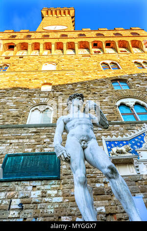 Michelangelo David Replica Statue Piazza Signoria Palazzo Vecchio Florence Tuscany Italy.  Replica of Michelangelo's David statue in front of Palazzo  Stock Photo