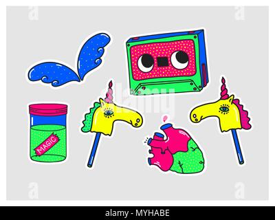 Patch sticker, girls elements. Vector illustration isolated on gray background. Collection of shapes in cartoon 80s-90s comic style for youth Laptop C Stock Vector