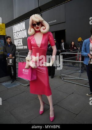 London, UK, 16th February 2018: Artist Pandemonia posses at Fall Winter 2018, London Fashion Week Stock Photo