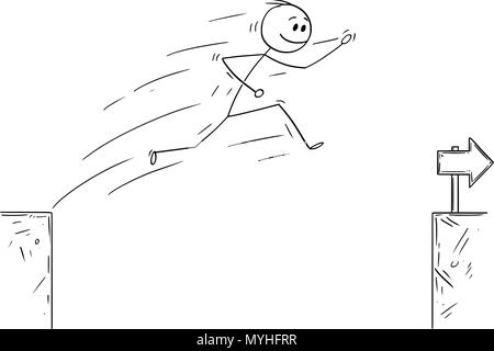 Cartoon of Businessman Jumping Over the Chasm, Overcoming Obstacle