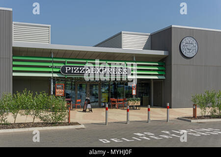 Exterior of the Pizza Express restaurant at Rushden Lakes Shopping Centre; Northamptonshire, UK Stock Photo