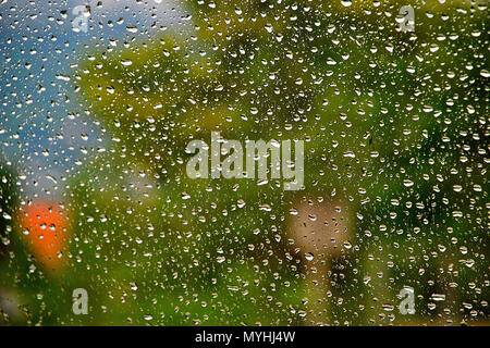 Raindrops on the window glass of the bus, Wattens, Austria Stock Photo