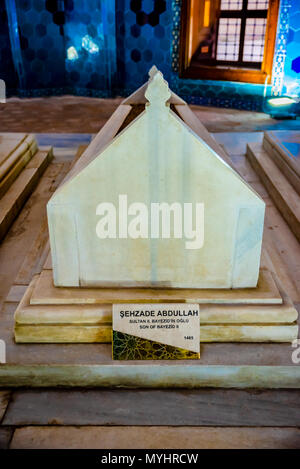 Interior of view of shahzada,Prince Abdullah tomb, mausoleum at Muradiye complex or Complex of Sultan Murad II in Bursa,Turkey.20 May 2018 Stock Photo