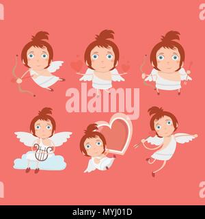 Cupid angels icons set - little boy with a bow and arrows. Stock Vector