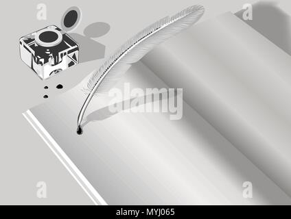 inkwell pen, ink-pot and an opened book Stock Vector