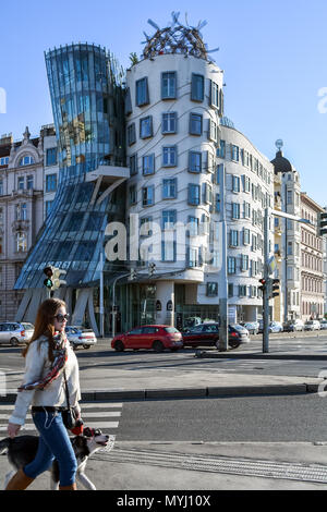 Prague, Czech Republic - January 13, 2015: Young lady with a dog passing by famous Dancing House in Prague, Czech Republic Stock Photo