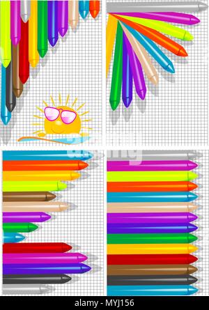 four backgrounds with different colored crayons Stock Vector