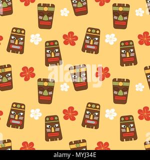 cute cartoon seamless vector pattern background illustration with tiki tribal mask and hibiscus flowers Stock Vector