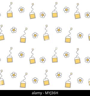 cute cartoon chamomile tea bags seamless vector pattern background illustration Stock Vector