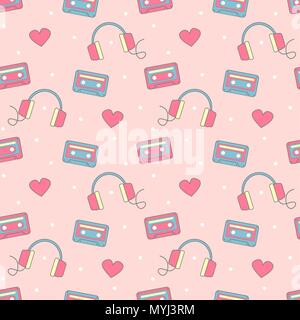 cute lovely colorful seamless vector pattern background illustration with headphones, hearts, dots and cassette tapes Stock Vector