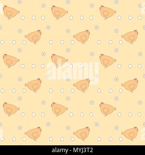 cute cartoon hens with eggs and daisy flowers seamless vector pattern background illustration Stock Vector