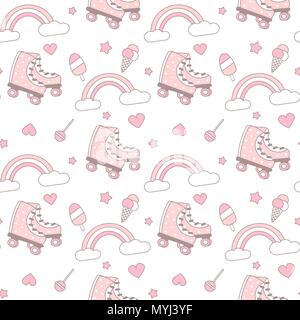 cute lovely pink and white seamless vector pattern background illustration with roller skates, rainbows, hearts, stars, ice cream and lollipops Stock Vector