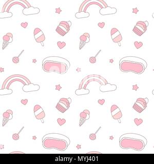 cute pink and white seamless vector pattern background illustration with  rainbow, ice cream, stars, hearts, lollipops,  sleeping mask and cupcakes Stock Vector