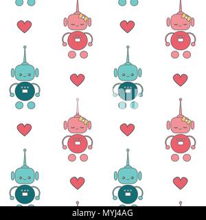 cute lovely cartoon robots in love seamless vector pattern background illustration Stock Vector