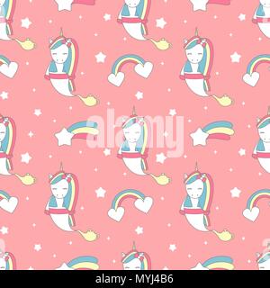 cute lovely seamless vector pattern background illustration with genie unicorn, rainbow and comet Stock Vector