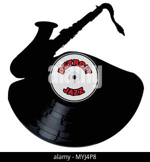 A vinyl LP record with a jazz saxophone cutout shape with the legend Detroit Jazz all isolated on a white background Stock Vector