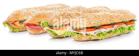 Sub sandwiches with salami ham cheese salmon fish whole grains isolated on a white background Stock Photo